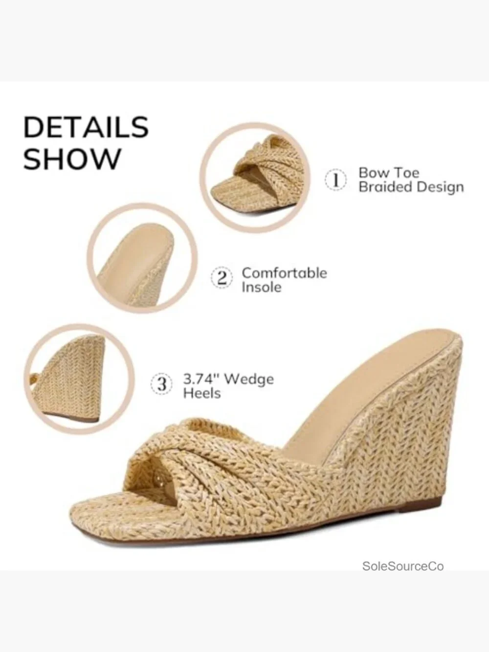 Wedge Sandals Raffia Braided Mules Slides Square Open Toe Dressy Beach Evening
